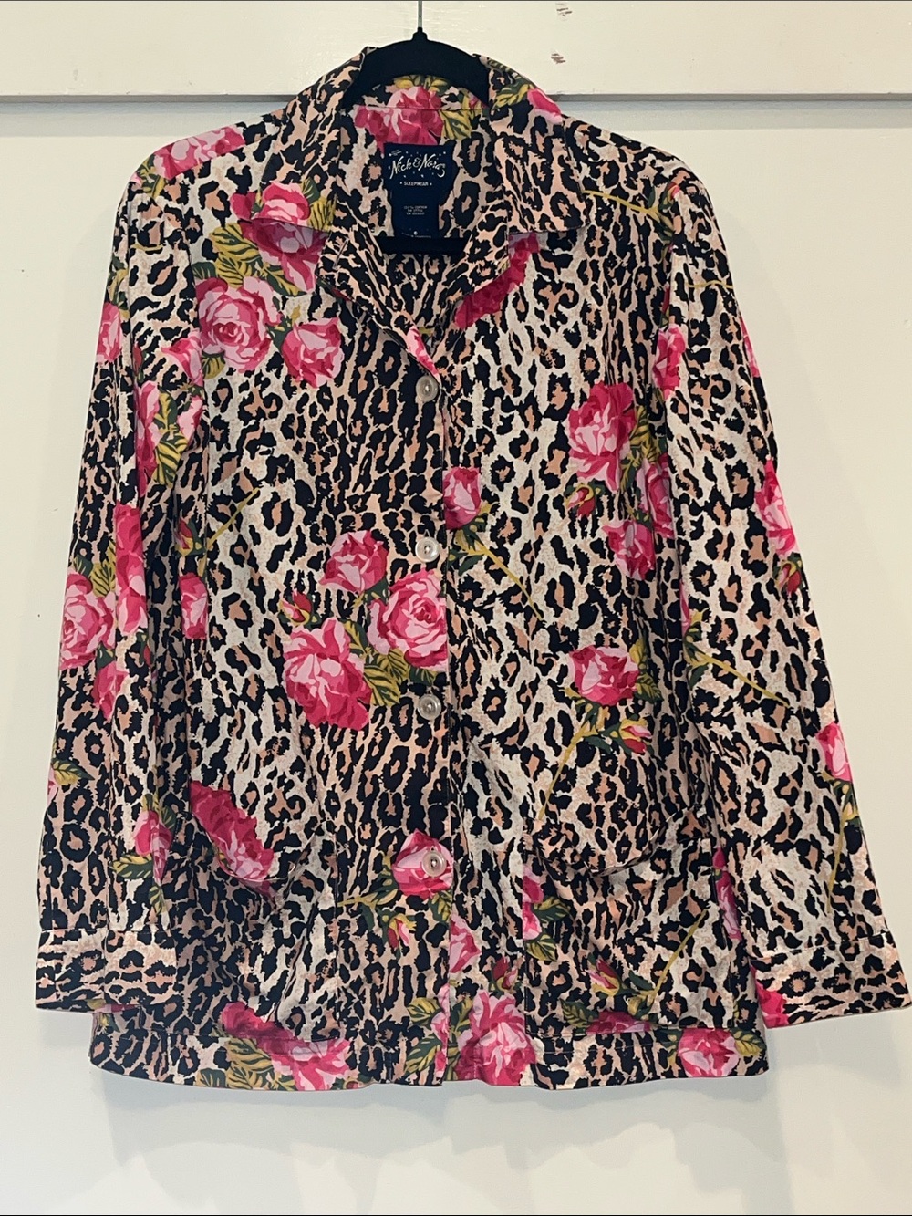 Nick & Nora Pink Rose and Leopard Print Pajama Top Size Small / vintage